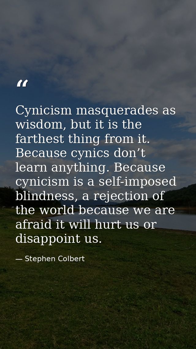Cynicism masquerades as wisdom, but it is the farthest thing from it. Because cynics don’t learn anything. Because cynic — Stephen Colbert