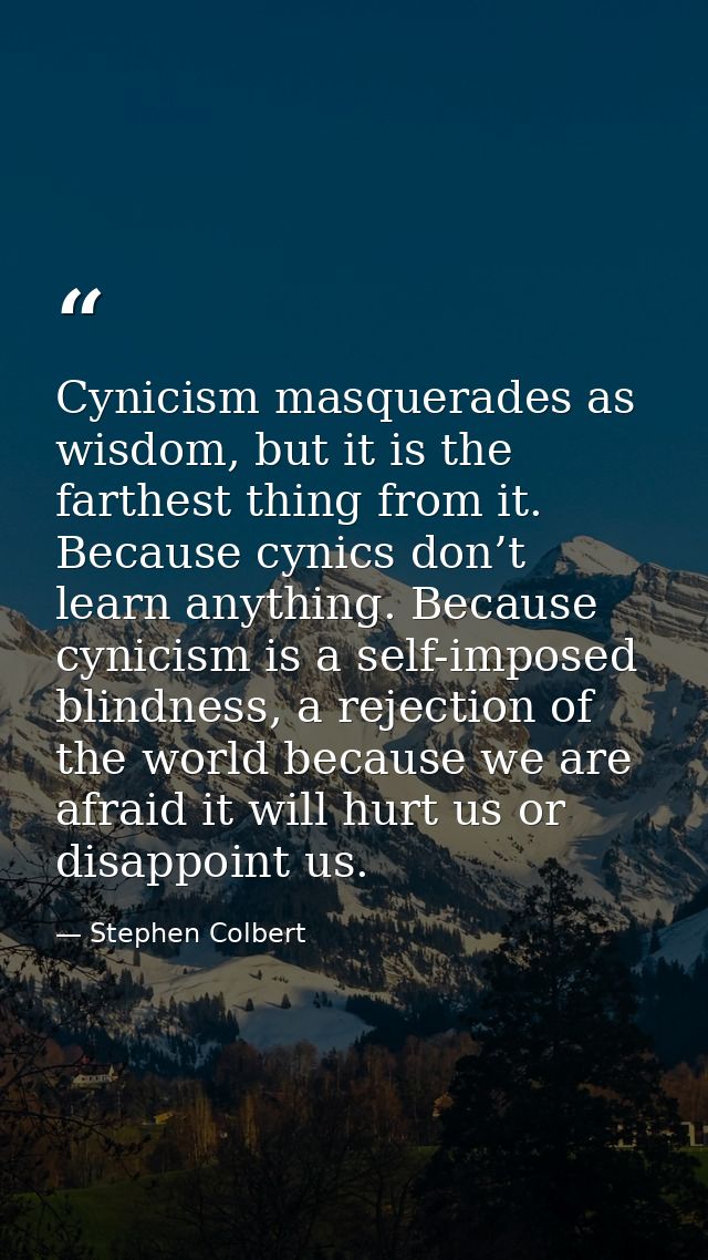 Cynicism masquerades as wisdom, but it is the farthest thing from it. Because cynics don’t learn anything. Because cynic — Stephen Colbert