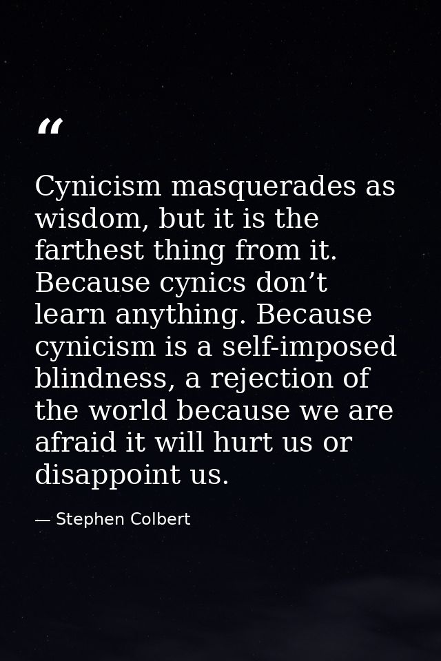 Cynicism masquerades as wisdom, but it is the farthest thing from it. Because cynics don’t learn anything. Because cynic — Stephen Colbert