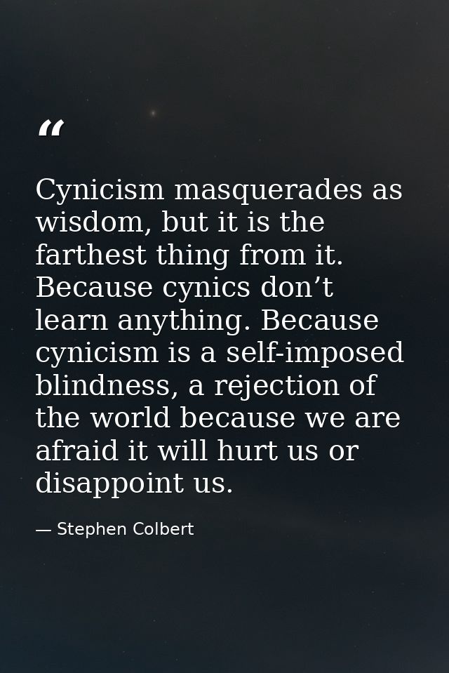 Cynicism masquerades as wisdom, but it is the farthest thing from it. Because cynics don’t learn anything. Because cynic — Stephen Colbert