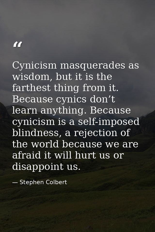 Cynicism masquerades as wisdom, but it is the farthest thing from it. Because cynics don’t learn anything. Because cynic — Stephen Colbert