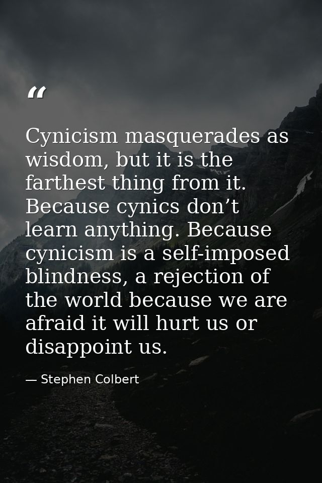 Cynicism masquerades as wisdom, but it is the farthest thing from it. Because cynics don’t learn anything. Because cynic — Stephen Colbert