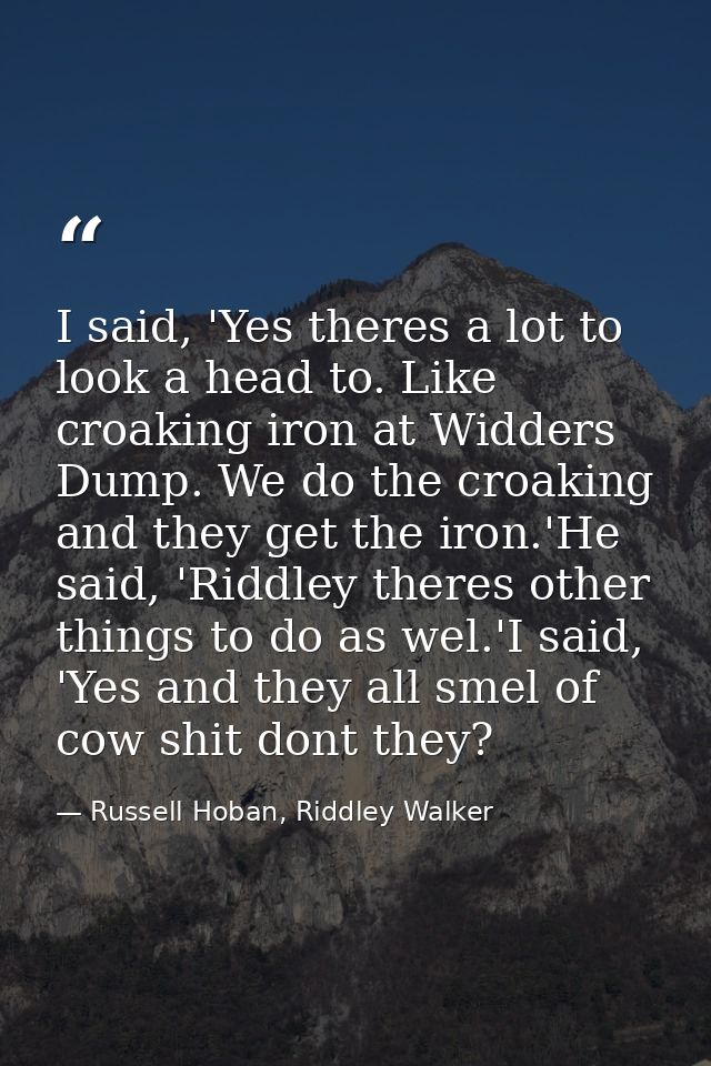 I said, 'Yes theres a lot to look a head to. Like croaking iron at Widders Dump. We do the croaking and they get the iro — Russell Hoban, Riddley Walker