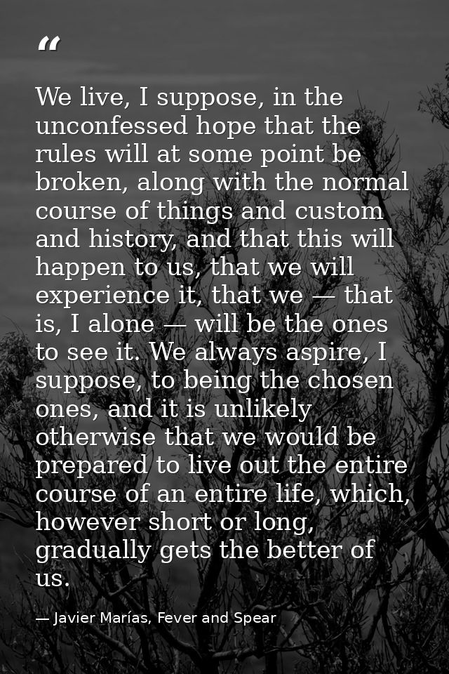 We live, I suppose, in the unconfessed hope that the rules will at some point be broken, along with the normal course of — Javier Marías, Fever and Spear