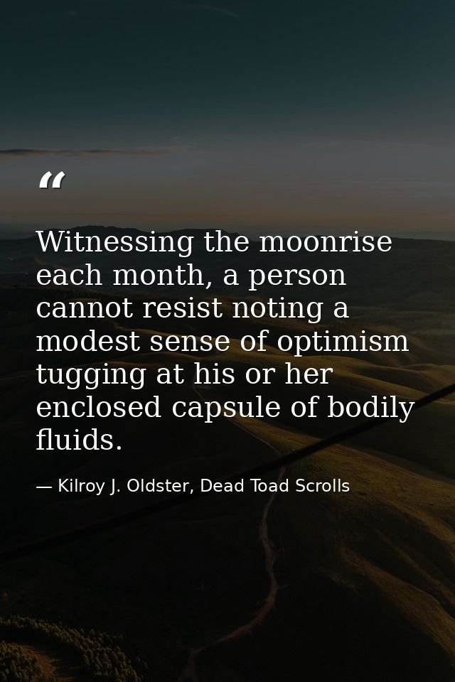 Witnessing the moonrise each month, a person cannot resist noting a modest sense of optimism tugging at his or her enclo — Kilroy J. Oldster, Dead Toad Scrolls