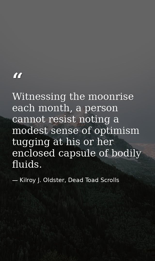Witnessing the moonrise each month, a person cannot resist noting a modest sense of optimism tugging at his or her enclo — Kilroy J. Oldster, Dead Toad Scrolls