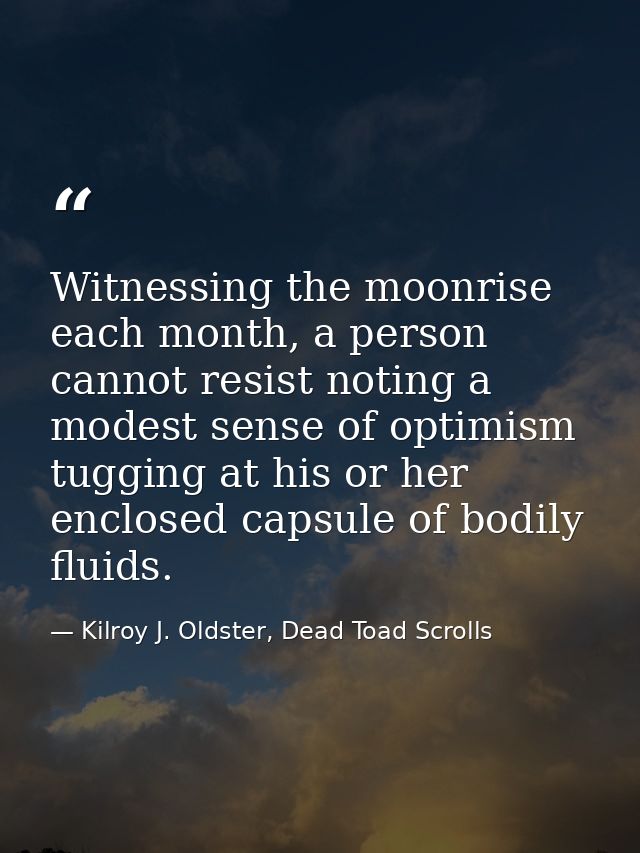 Witnessing the moonrise each month, a person cannot resist noting a modest sense of optimism tugging at his or her enclo — Kilroy J. Oldster, Dead Toad Scrolls