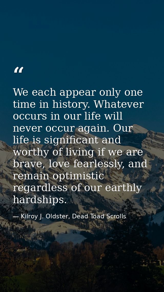We each appear only one time in history. Whatever occurs in our life will never occur again. Our life is significant and — Kilroy J. Oldster, Dead Toad Scrolls