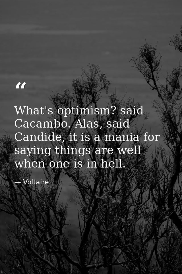 What's optimism? said Cacambo. Alas, said Candide, it is a mania for saying things are well when one is in hell. — Voltaire