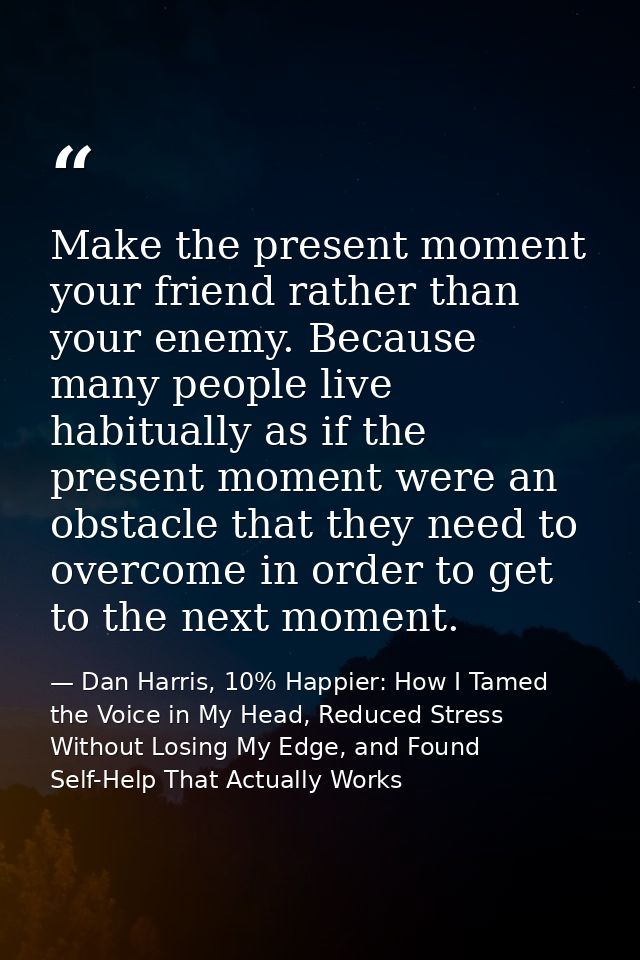 Make the present moment your friend rather than your enemy. Because many people live habitually as if the present moment — Dan Harris, 10% Happier: How I Tamed the Voice in My Head, Reduced Stress Without Losing My Edge, and Found Self-Help That Actually Works