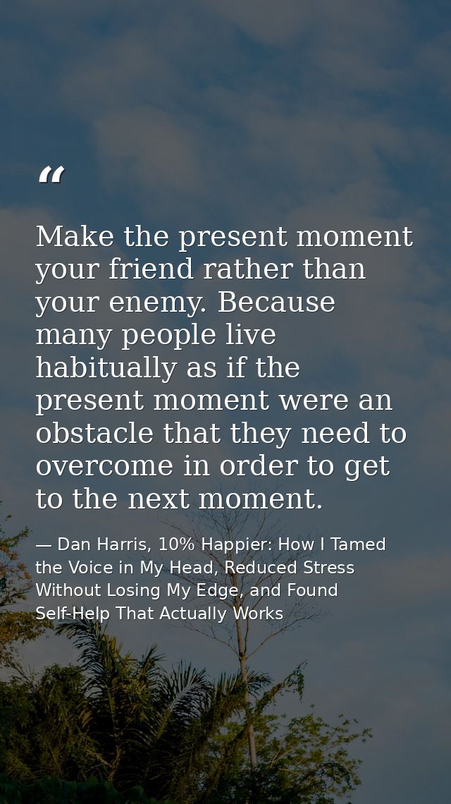 Make the present moment your friend rather than your enemy. Because many people live habitually as if the present moment — Dan Harris, 10% Happier: How I Tamed the Voice in My Head, Reduced Stress Without Losing My Edge, and Found Self-Help That Actually Works
