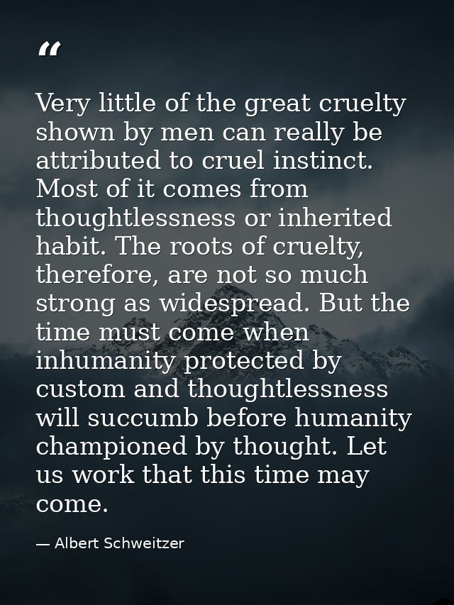 Very little of the great cruelty shown by men can really be attributed to cruel instinct. Most of it comes from thoughtl — Albert Schweitzer