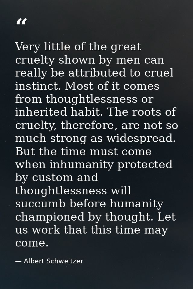 Very little of the great cruelty shown by men can really be attributed to cruel instinct. Most of it comes from thoughtl — Albert Schweitzer