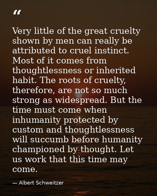 Very little of the great cruelty shown by men can really be attributed to cruel instinct. Most of it comes from thoughtl — Albert Schweitzer