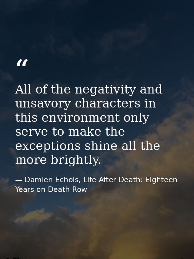 All of the negativity and unsavory characters in this environment only serve to make the exceptions shine all the more b — Damien Echols, Life After Death: Eighteen Years on Death Row