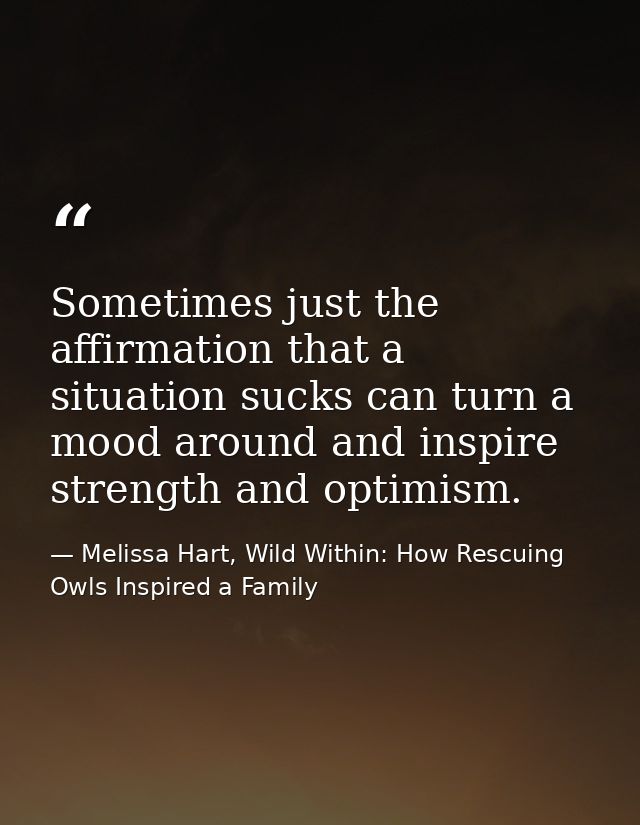 Sometimes just the affirmation that a situation sucks can turn a mood around and inspire strength and optimism. — Melissa Hart, Wild Within: How Rescuing Owls Inspired a Family