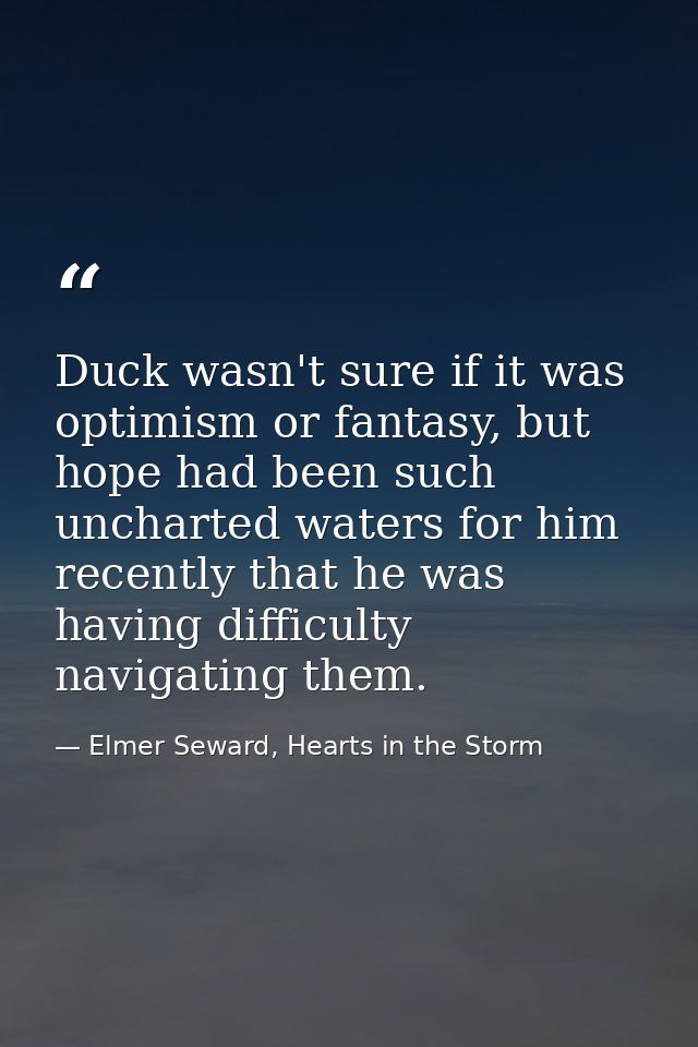 Duck wasn't sure if it was optimism or fantasy, but hope had been such uncharted waters for him recently that he was hav — Elmer Seward, Hearts in the Storm