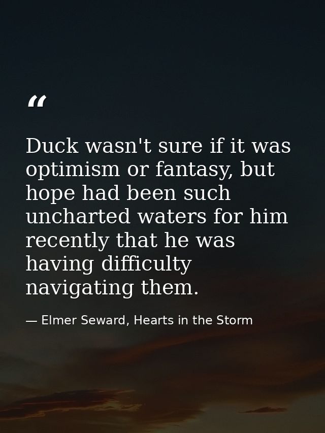 Duck wasn't sure if it was optimism or fantasy, but hope had been such uncharted waters for him recently that he was hav — Elmer Seward, Hearts in the Storm