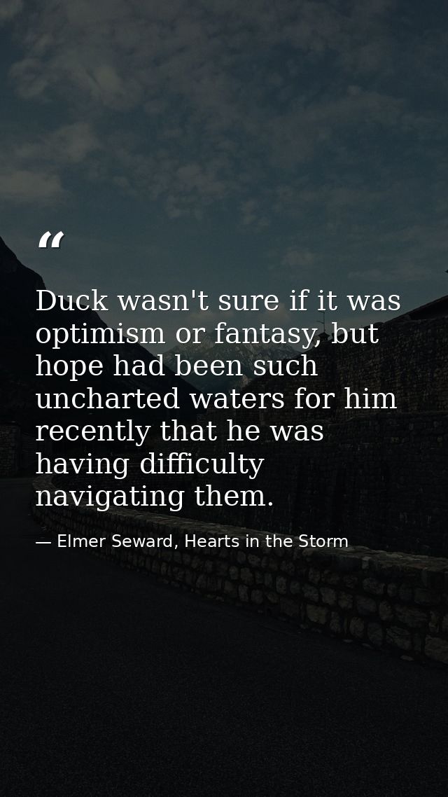 Duck wasn't sure if it was optimism or fantasy, but hope had been such uncharted waters for him recently that he was hav — Elmer Seward, Hearts in the Storm