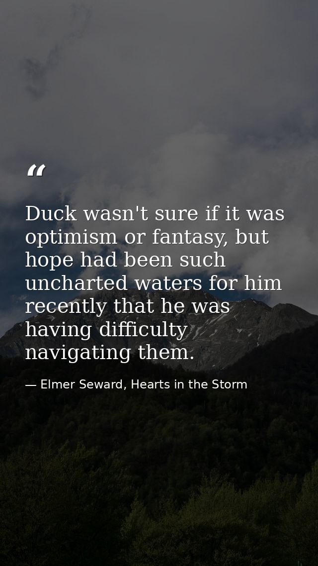 Duck wasn't sure if it was optimism or fantasy, but hope had been such uncharted waters for him recently that he was hav — Elmer Seward, Hearts in the Storm