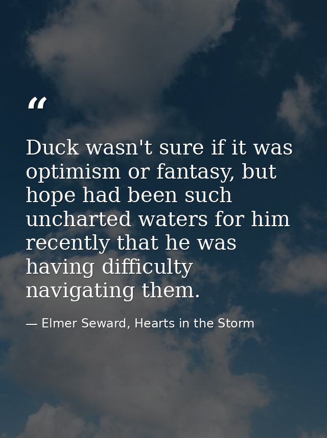 Duck wasn't sure if it was optimism or fantasy, but hope had been such uncharted waters for him recently that he was hav — Elmer Seward, Hearts in the Storm