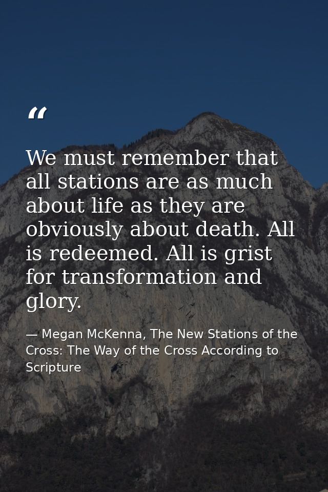 We must remember that all stations are as much about life as they are obviously about death. All is redeemed. All is gri — Megan McKenna, The New Stations of the Cross: The Way of the Cross According to Scripture