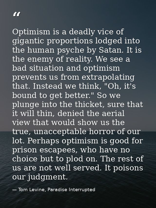 Optimism is a deadly vice of gigantic proportions lodged into the human psyche by Satan. It is the enemy of reality. We  — Tom Levine, Paradise Interrupted