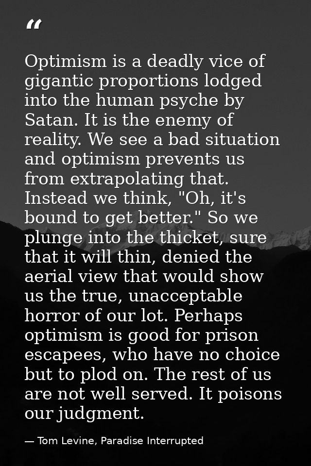 Optimism is a deadly vice of gigantic proportions lodged into the human psyche by Satan. It is the enemy of reality. We  — Tom Levine, Paradise Interrupted