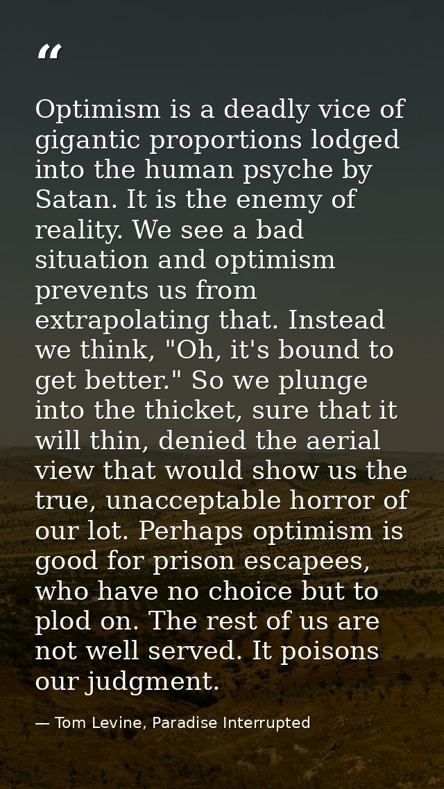 Optimism is a deadly vice of gigantic proportions lodged into the human psyche by Satan. It is the enemy of reality. We  — Tom Levine, Paradise Interrupted