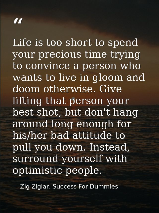 Life is too short to spend your precious time trying to convince a person who wants to live in gloom and doom otherwise. — Zig Ziglar, Success For Dummies