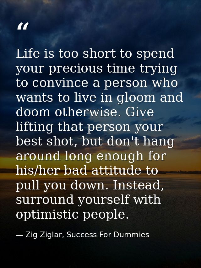 Life is too short to spend your precious time trying to convince a person who wants to live in gloom and doom otherwise. — Zig Ziglar, Success For Dummies
