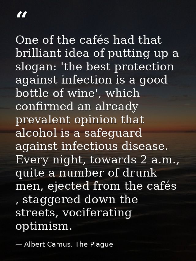 One of the cafés had that brilliant idea of putting up a slogan: 'the best protection against infection is a good bottle — Albert Camus, The Plague