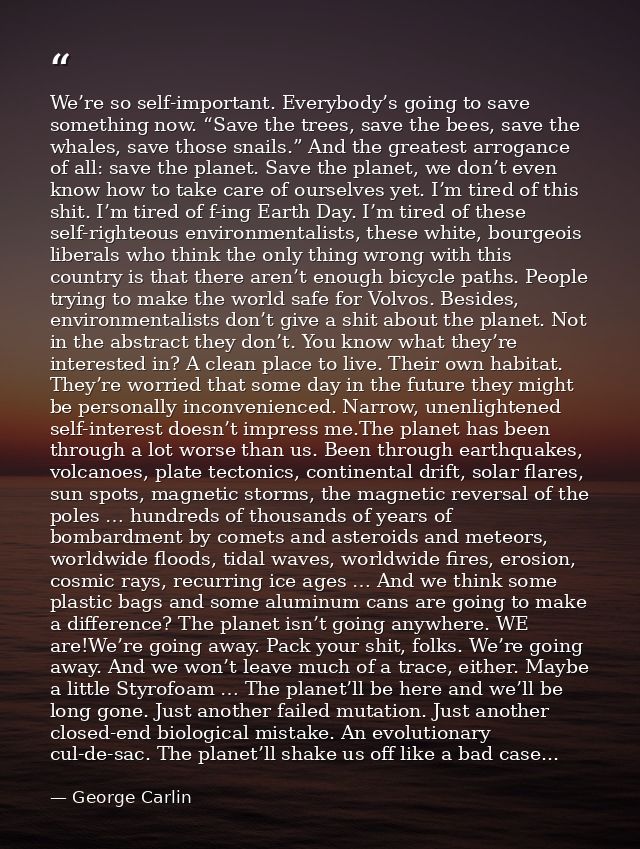 We’re so self-important. Everybody’s going to save something now. “Save the trees, save the bees, save the whales, save  — George Carlin