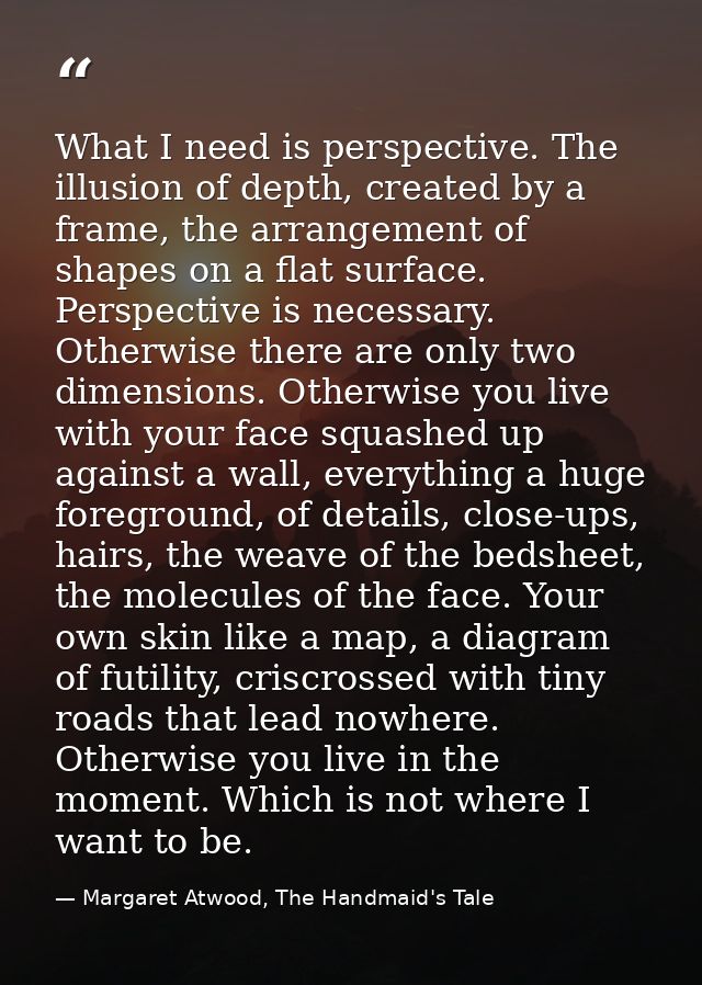 What I need is perspective. The illusion of depth, created by a frame, the arrangement of shapes on a flat surface. Pers — Margaret Atwood, The Handmaid's Tale