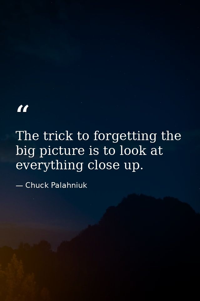 The trick to forgetting the big picture is to look at everything close up. — Chuck Palahniuk