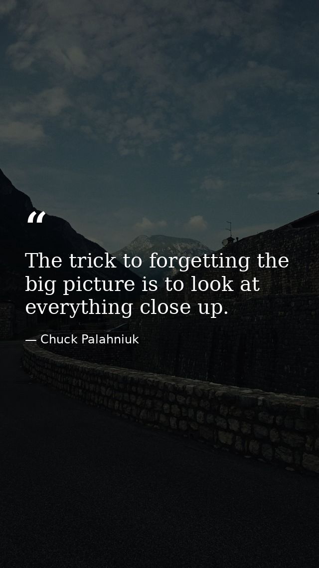 The trick to forgetting the big picture is to look at everything close up. — Chuck Palahniuk