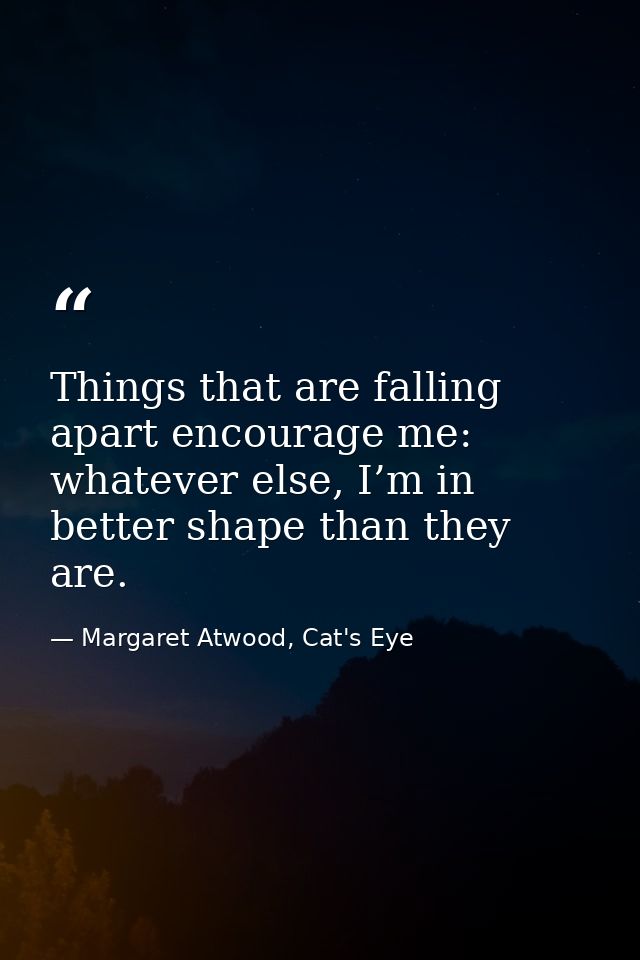 Things that are falling apart encourage me: whatever else, I’m in better shape than they are. — Margaret Atwood, Cat's Eye