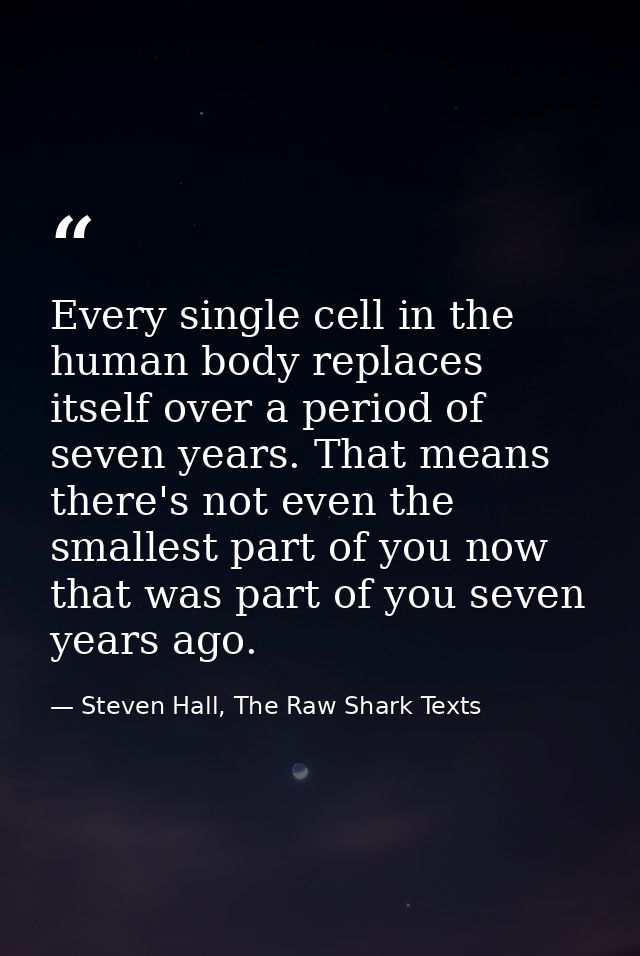 Every single cell in the human body replaces itself over a period of seven years. That means there's not even the smalle — Steven Hall, The Raw Shark Texts