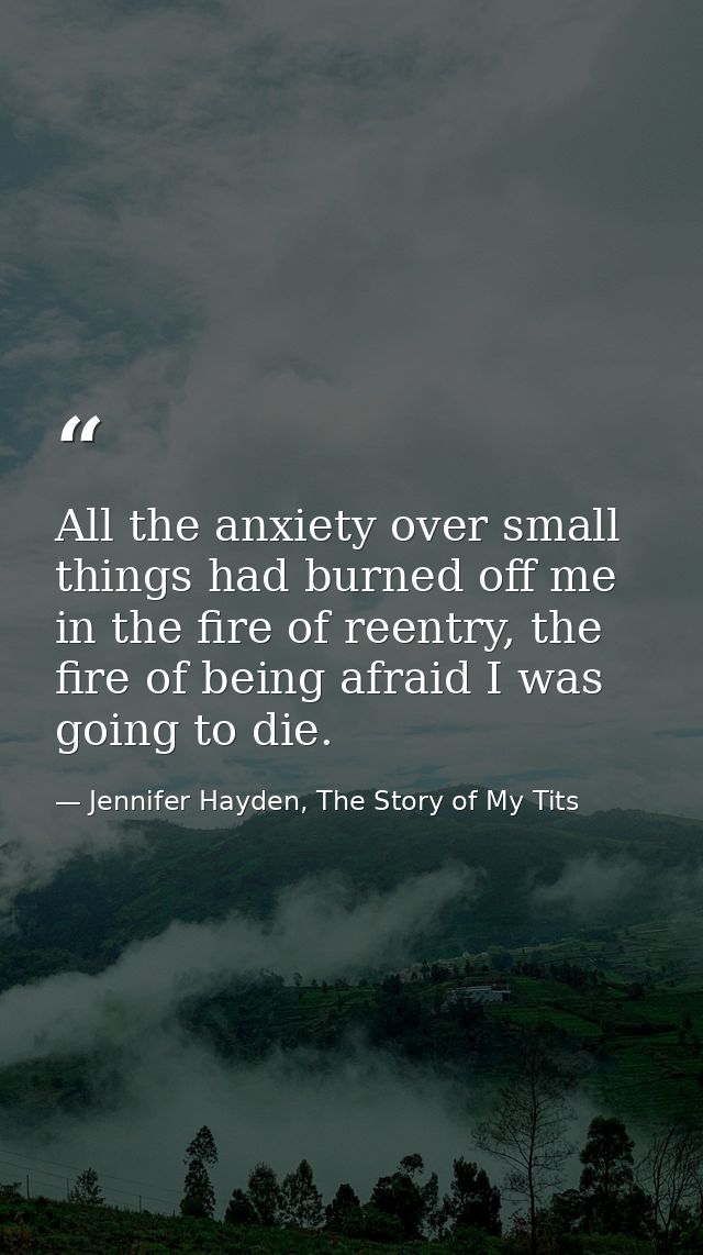 All the anxiety over small things had burned off me in the fire of reentry, the fire of being afraid I was going to die. — Jennifer Hayden, The Story of My Tits