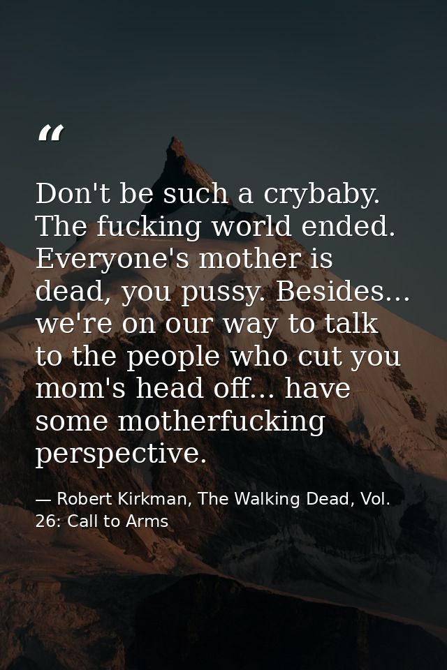 Don't be such a crybaby. The fucking world ended. Everyone's mother is dead, you pussy. Besides... we're on our way to t — Robert Kirkman, The Walking Dead, Vol. 26: Call to Arms