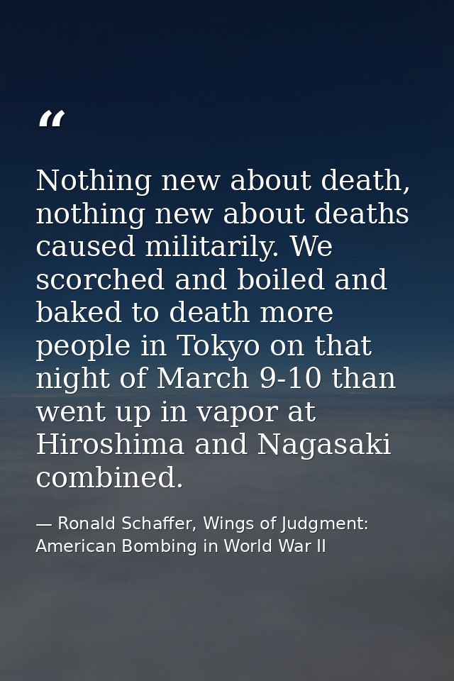 Nothing new about death, nothing new about deaths caused militarily. We scorched and boiled and baked to death more peop — Ronald Schaffer, Wings of Judgment: American Bombing in World War II