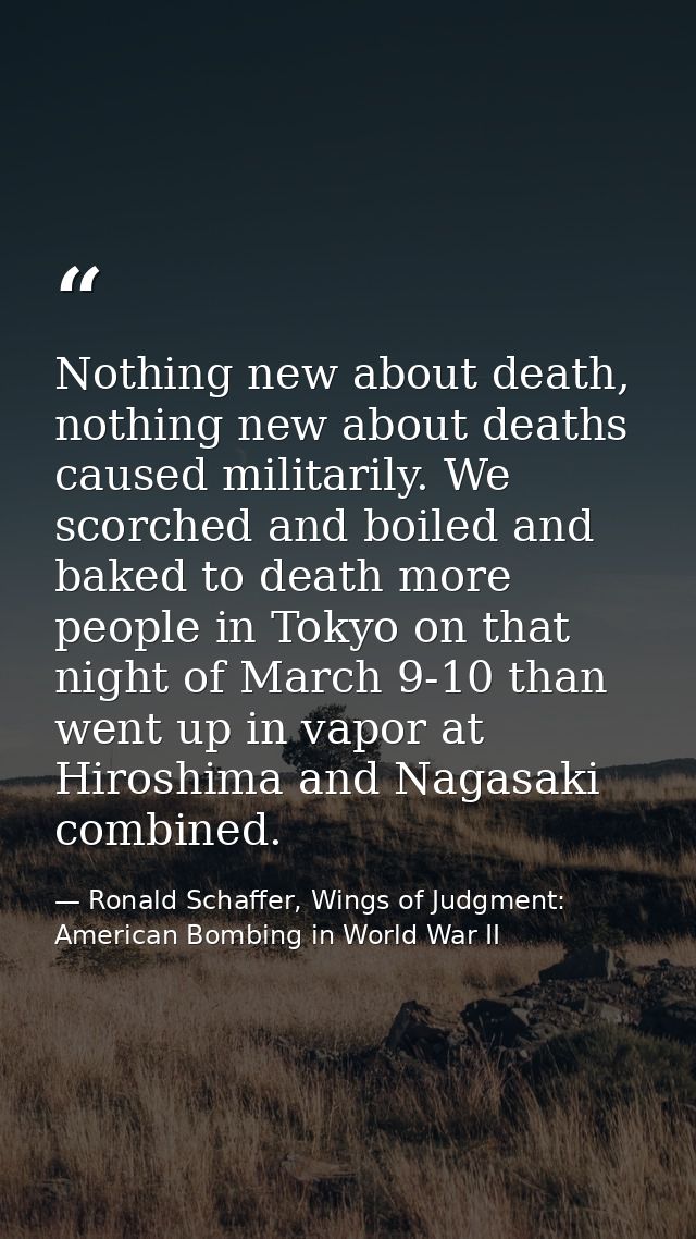 Nothing new about death, nothing new about deaths caused militarily. We scorched and boiled and baked to death more peop — Ronald Schaffer, Wings of Judgment: American Bombing in World War II