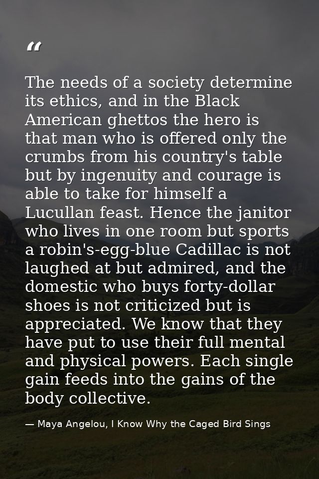 The needs of a society determine its ethics, and in the Black American ghettos the hero is that man who is offered only  — Maya Angelou, I Know Why the Caged Bird Sings
