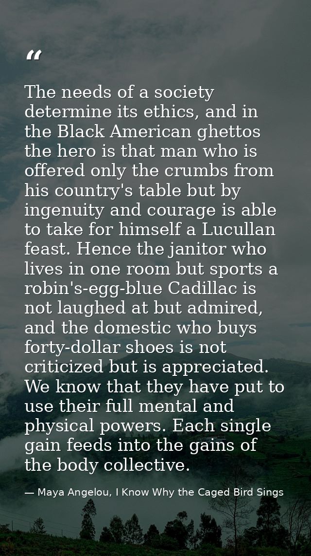 The needs of a society determine its ethics, and in the Black American ghettos the hero is that man who is offered only  — Maya Angelou, I Know Why the Caged Bird Sings