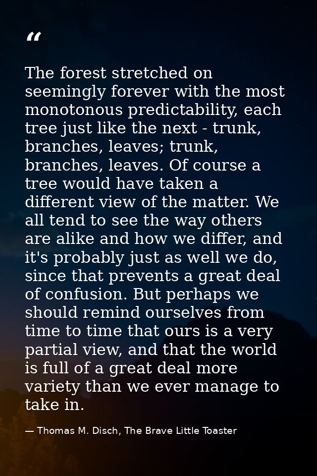 The forest stretched on seemingly forever with the most monotonous predictability, each tree just like the next - trunk, — Thomas M. Disch, The Brave Little Toaster