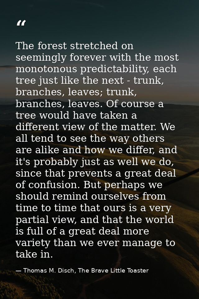 The forest stretched on seemingly forever with the most monotonous predictability, each tree just like the next - trunk, — Thomas M. Disch, The Brave Little Toaster