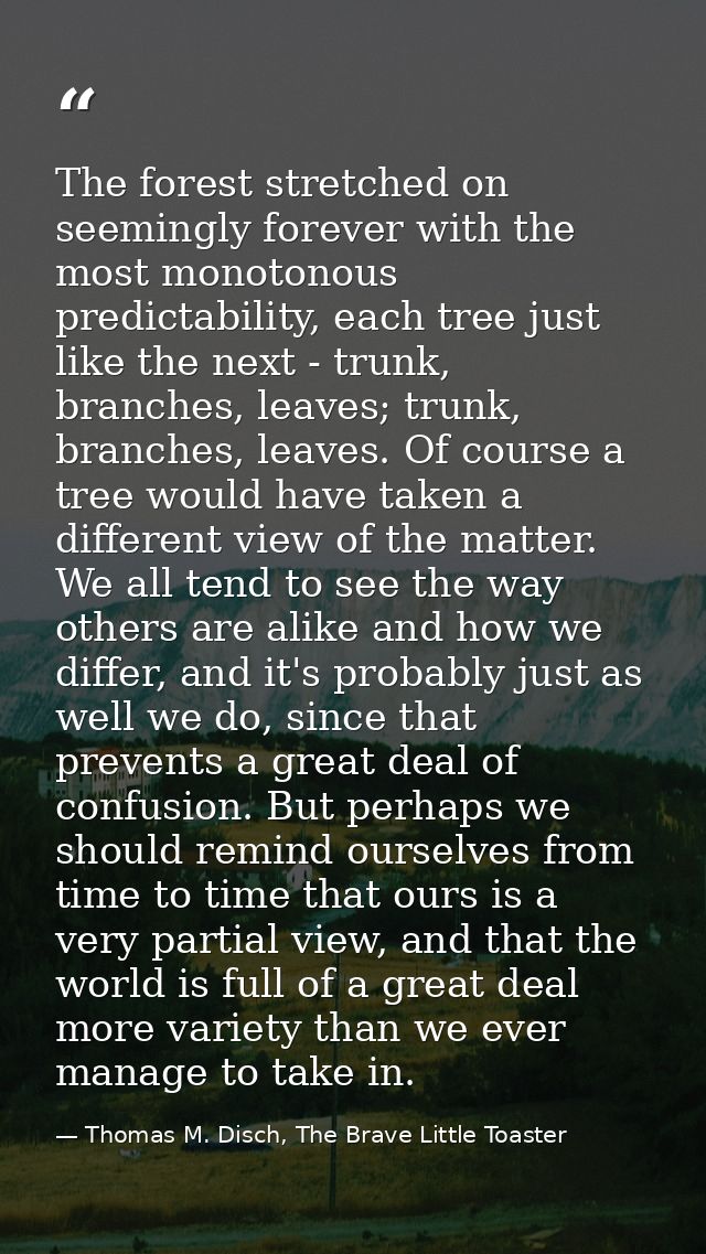 The forest stretched on seemingly forever with the most monotonous predictability, each tree just like the next - trunk, — Thomas M. Disch, The Brave Little Toaster