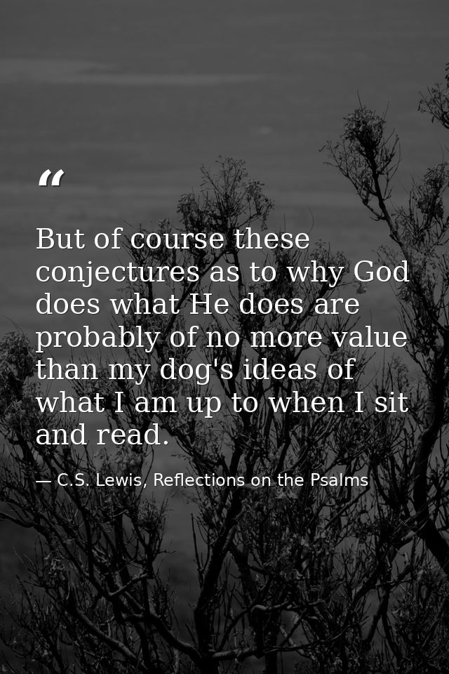 But of course these conjectures as to why God does what He does are probably of no more value than my dog's ideas of wha — C.S. Lewis, Reflections on the Psalms