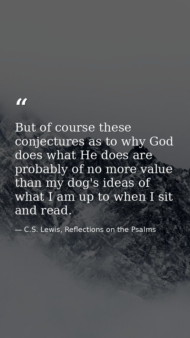 But of course these conjectures as to why God does what He does are probably of no more value than my dog's ideas of wha — C.S. Lewis, Reflections on the Psalms