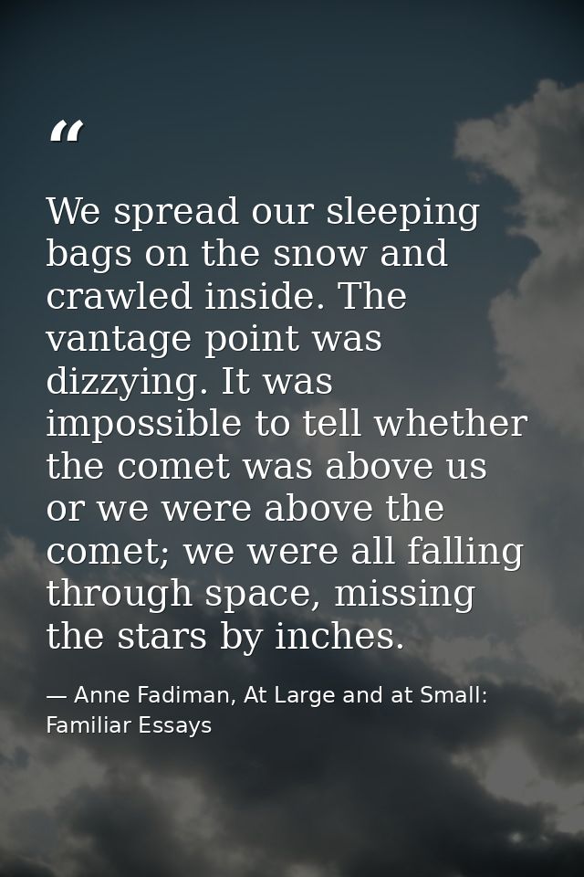 We spread our sleeping bags on the snow and crawled inside. The vantage point was dizzying. It was impossible to tell wh — Anne Fadiman, At Large and at Small: Familiar Essays